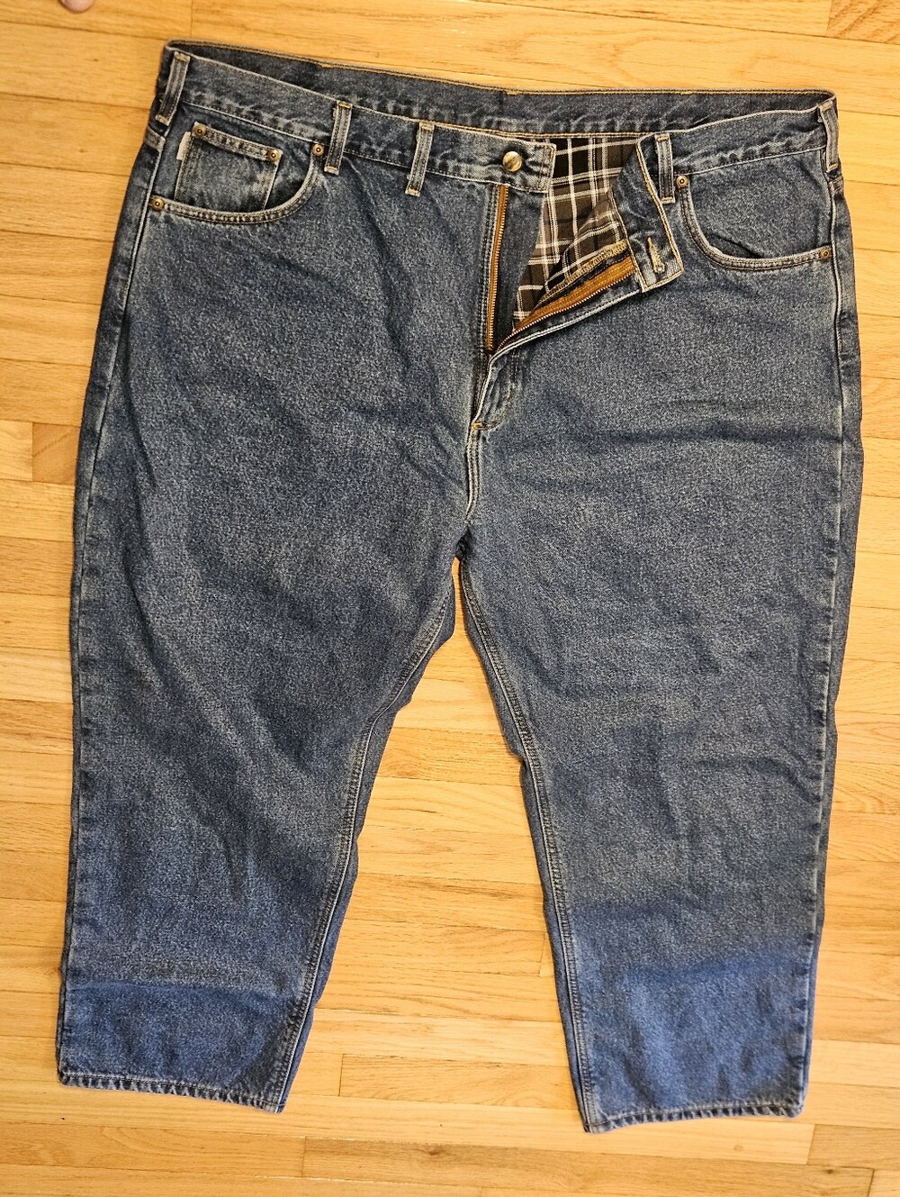 Carhartt Men's Light Blue Denim Relaxed Jeans Size 46x30 Plaid Lined Cotton